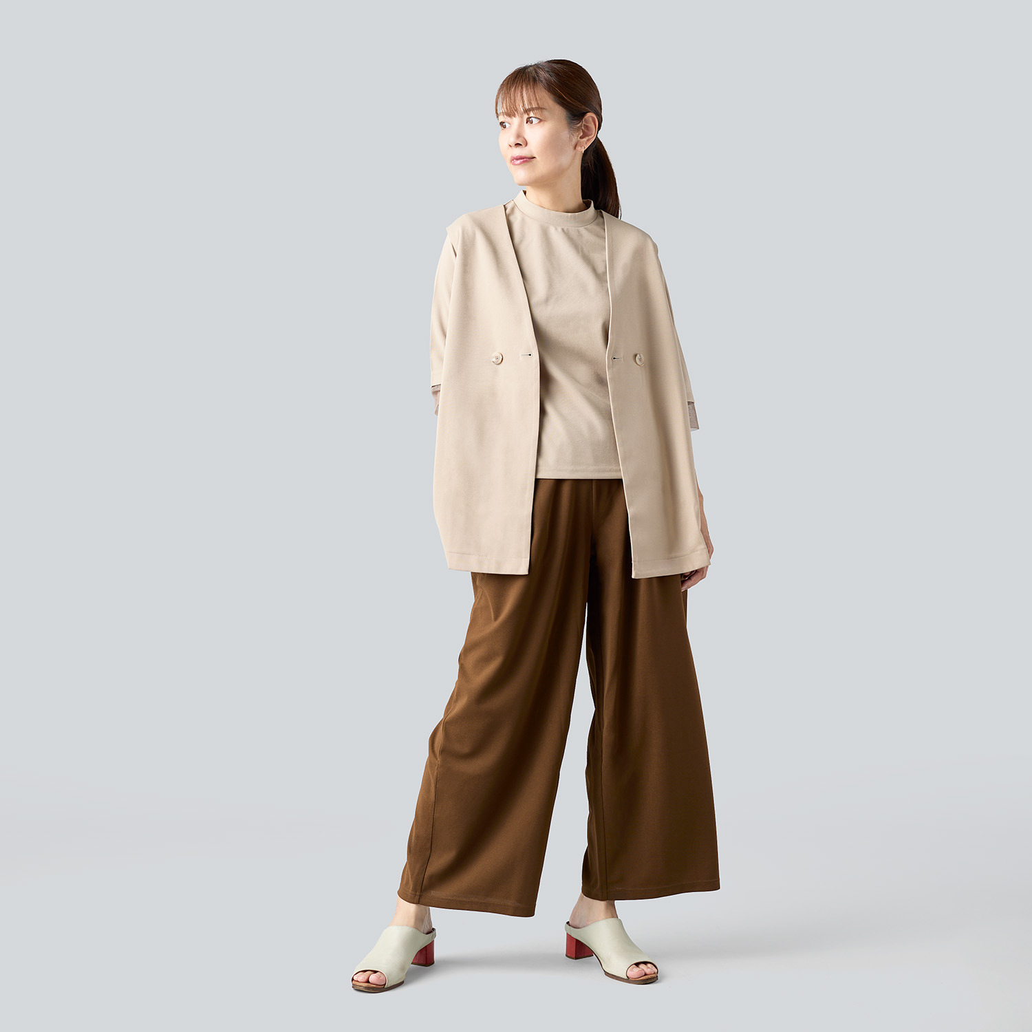 マンスリートライミー ドライタッチジャージー すっきり見えロングジレ＆ ワイドパンツ２点セット