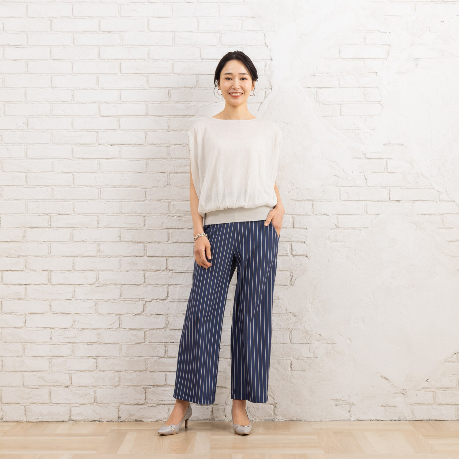 ピーツー 涼やかメッシュ素材 ストライプ転写プリント セミワイドパンツ