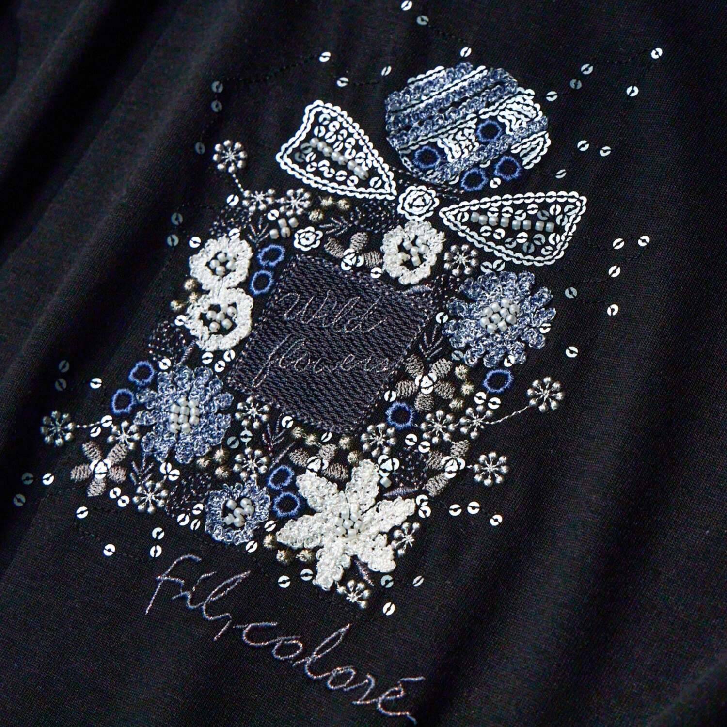 フィル・クロレ 日本製 リヨセルコットン サガラ刺しゅう 香水瓶柄Ｔシャツ