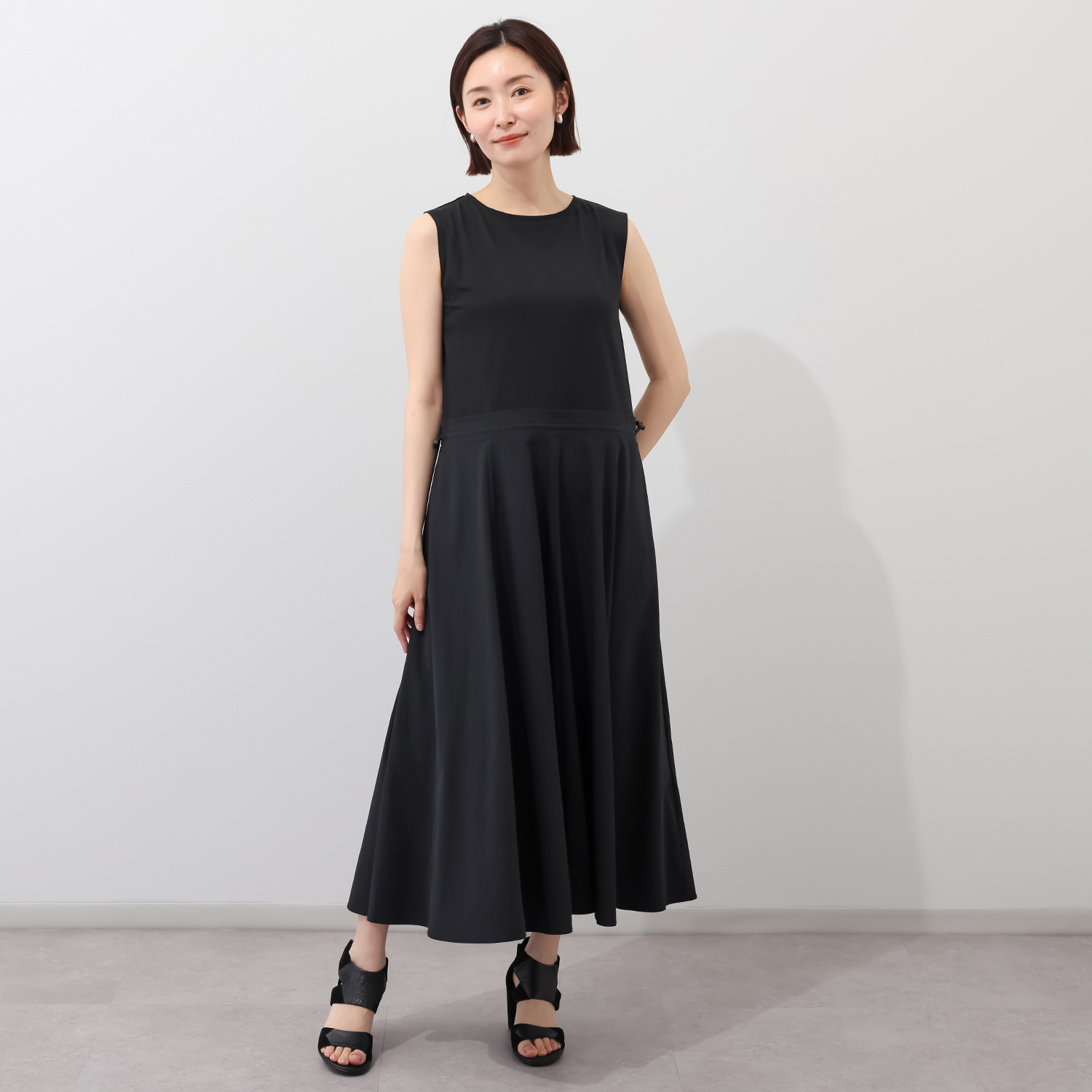 シーン 異素材コンビ ロングフレアー ワンピース