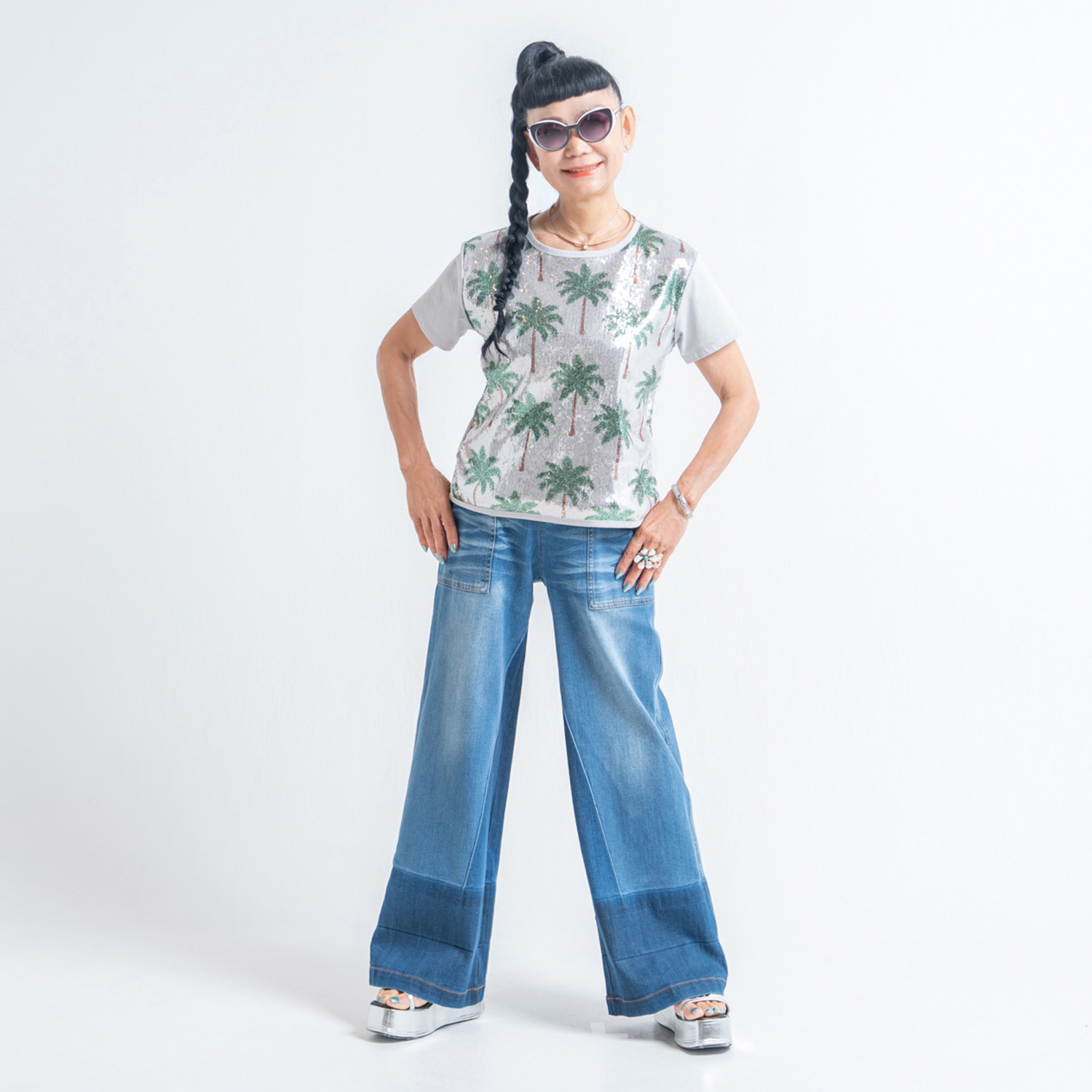 キョウコ　ヒガ 接触冷感 パームツリー柄 スパンコール刺しゅう Ｔシャツ