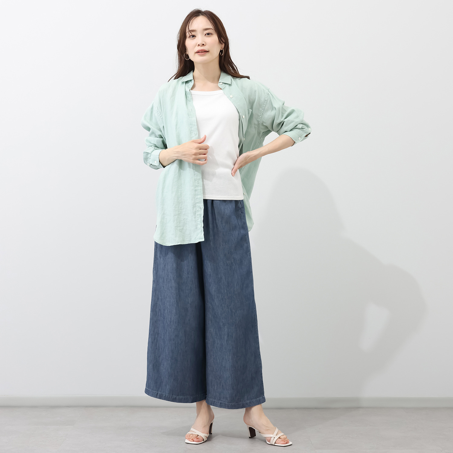 ラ・シュシュ さらっと涼しい 麻混デニム ワイドパンツ