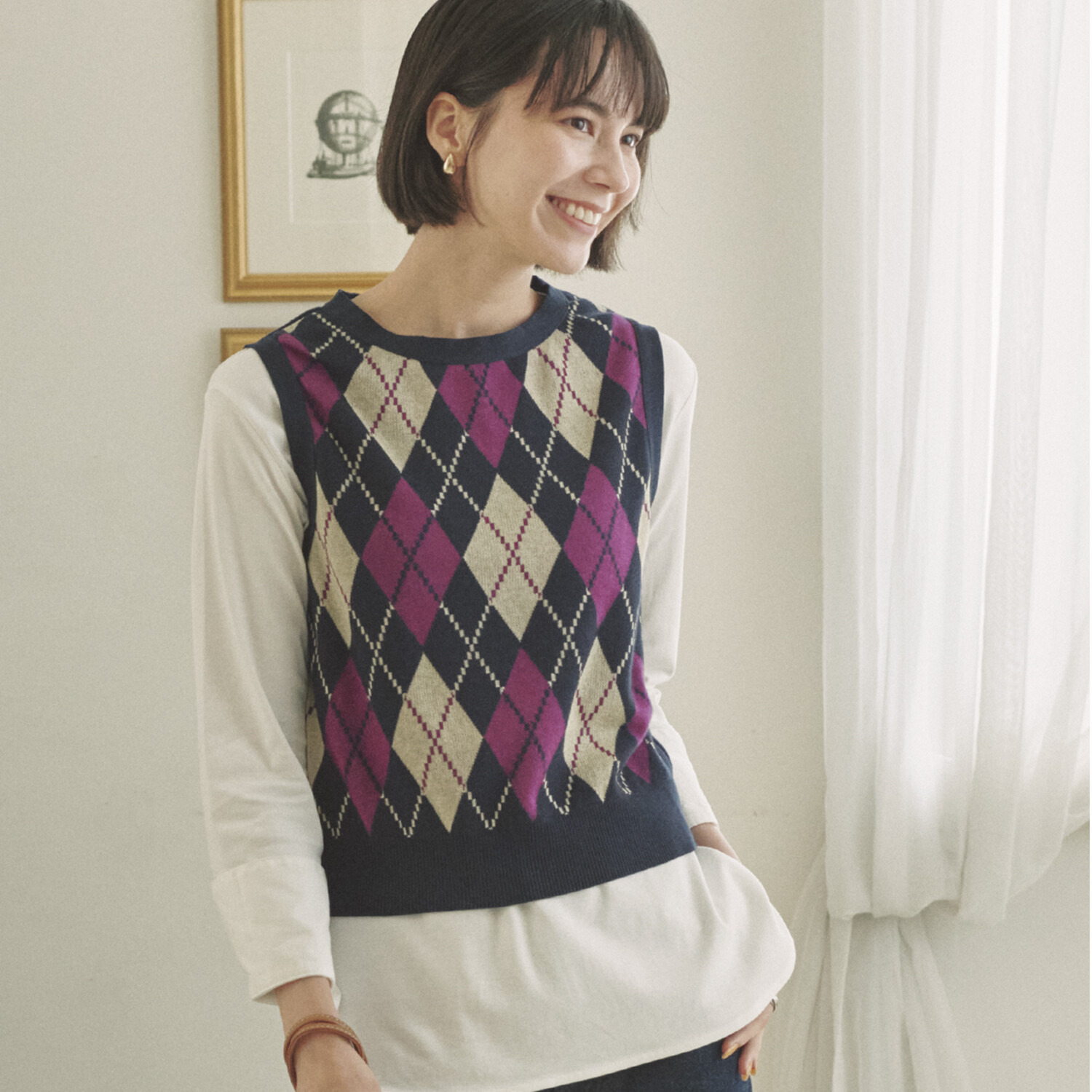 亀　恭子セレクト！ マルティジャーニ 日本製 コンパクトコットン アーガイルジャガード ニットジレ