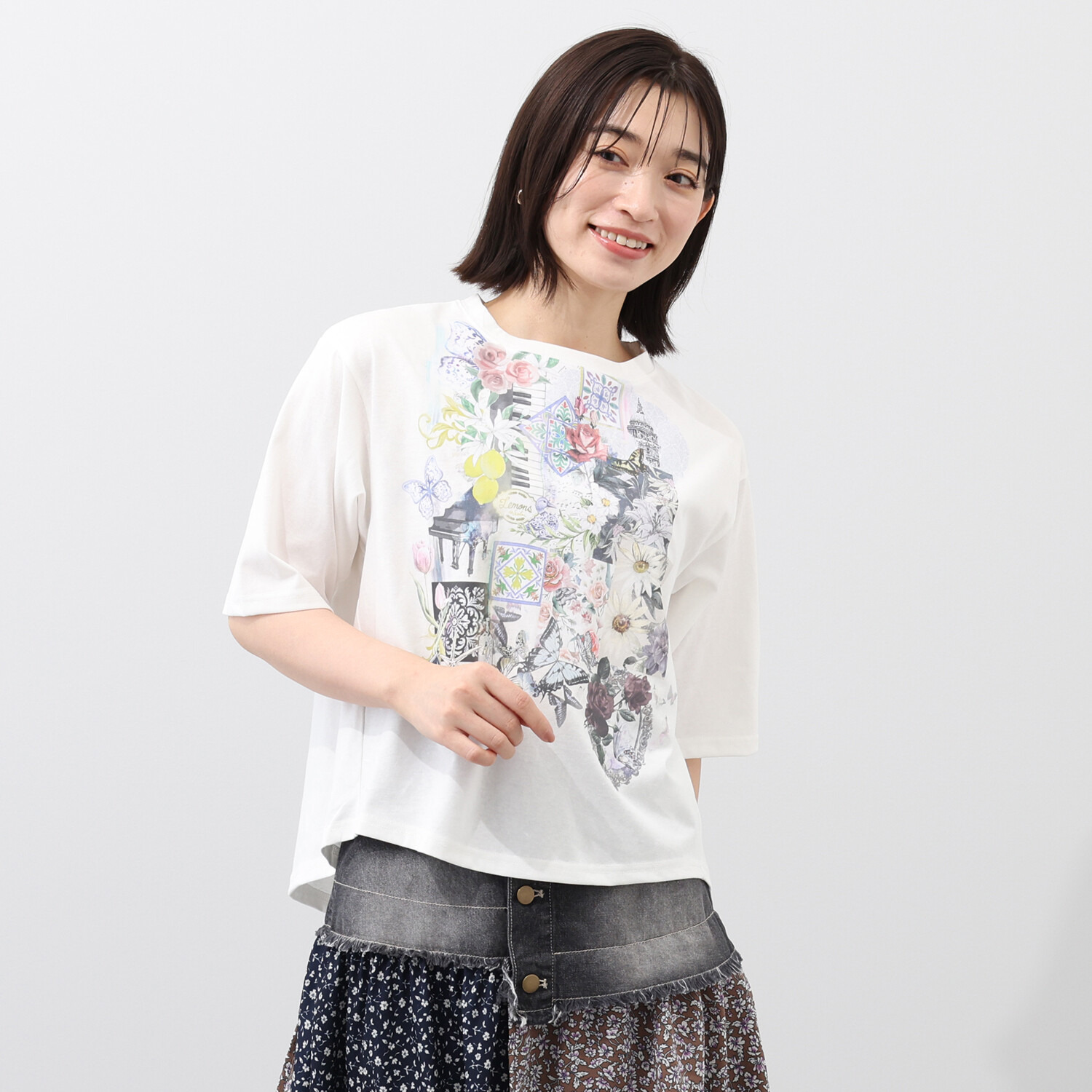 スカラー 接触冷感 コラージュ柄Ｔシャツ