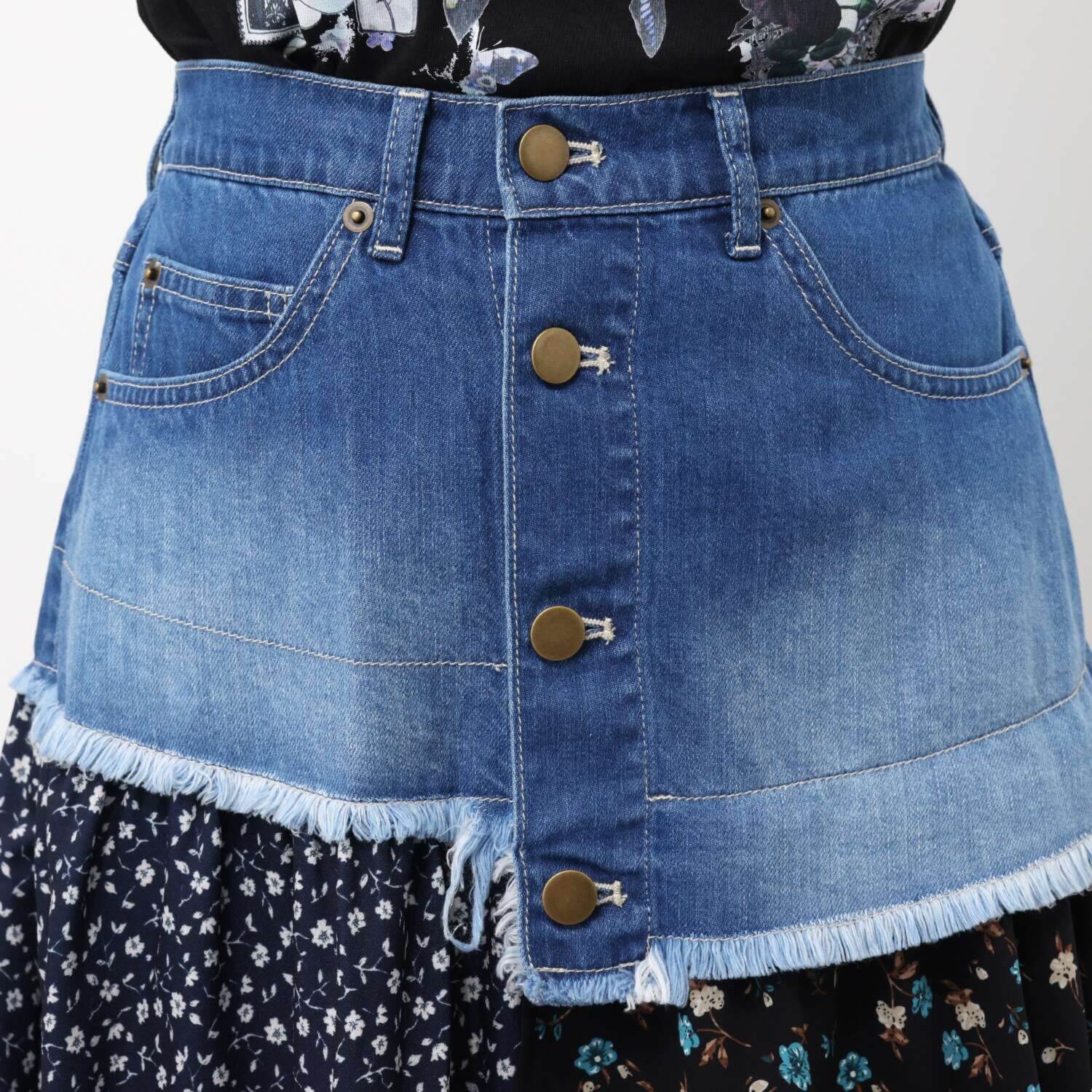 スカラー 異素材使い 花柄 デニムスカート