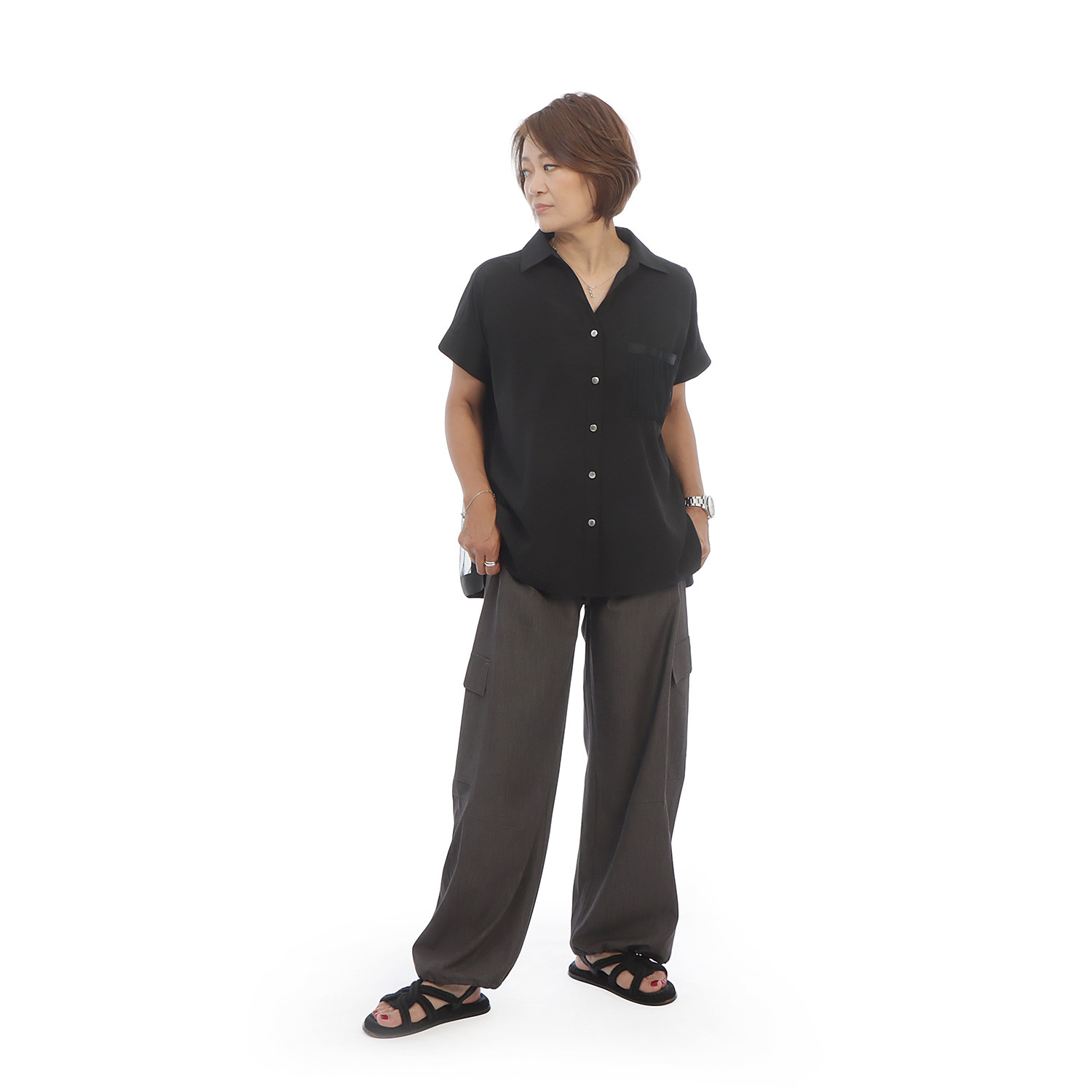 ヘブンアンドアース 接触冷感 ドレープデニム バレルカーゴパンツ
