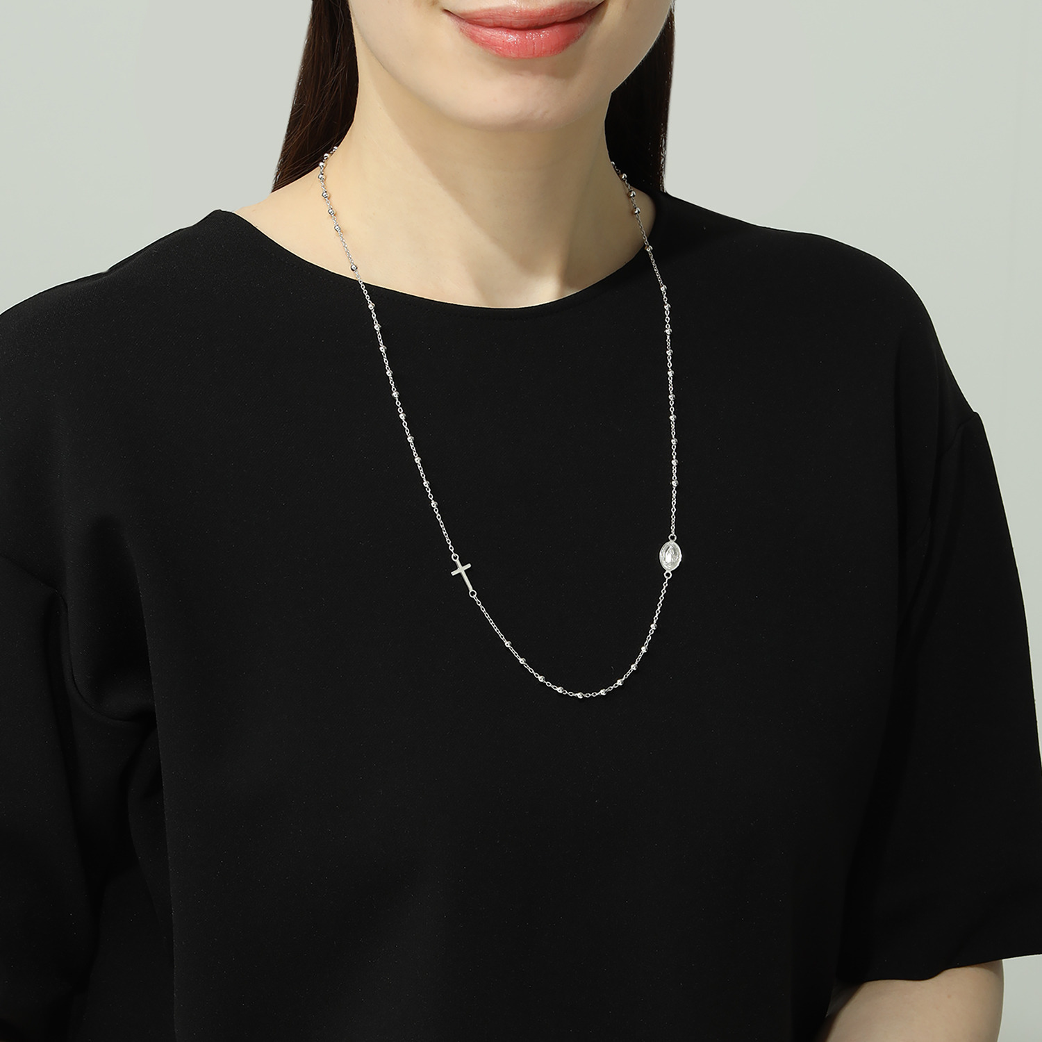 イージーシルバー シルバー メダイロザリオデザイン ロングネックレス