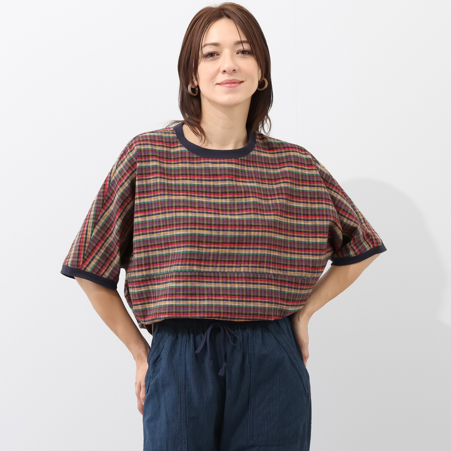 オカモト商店 儀右ヱ門 久留米かすり 風抜けシルエット ドルマンＴシャツ