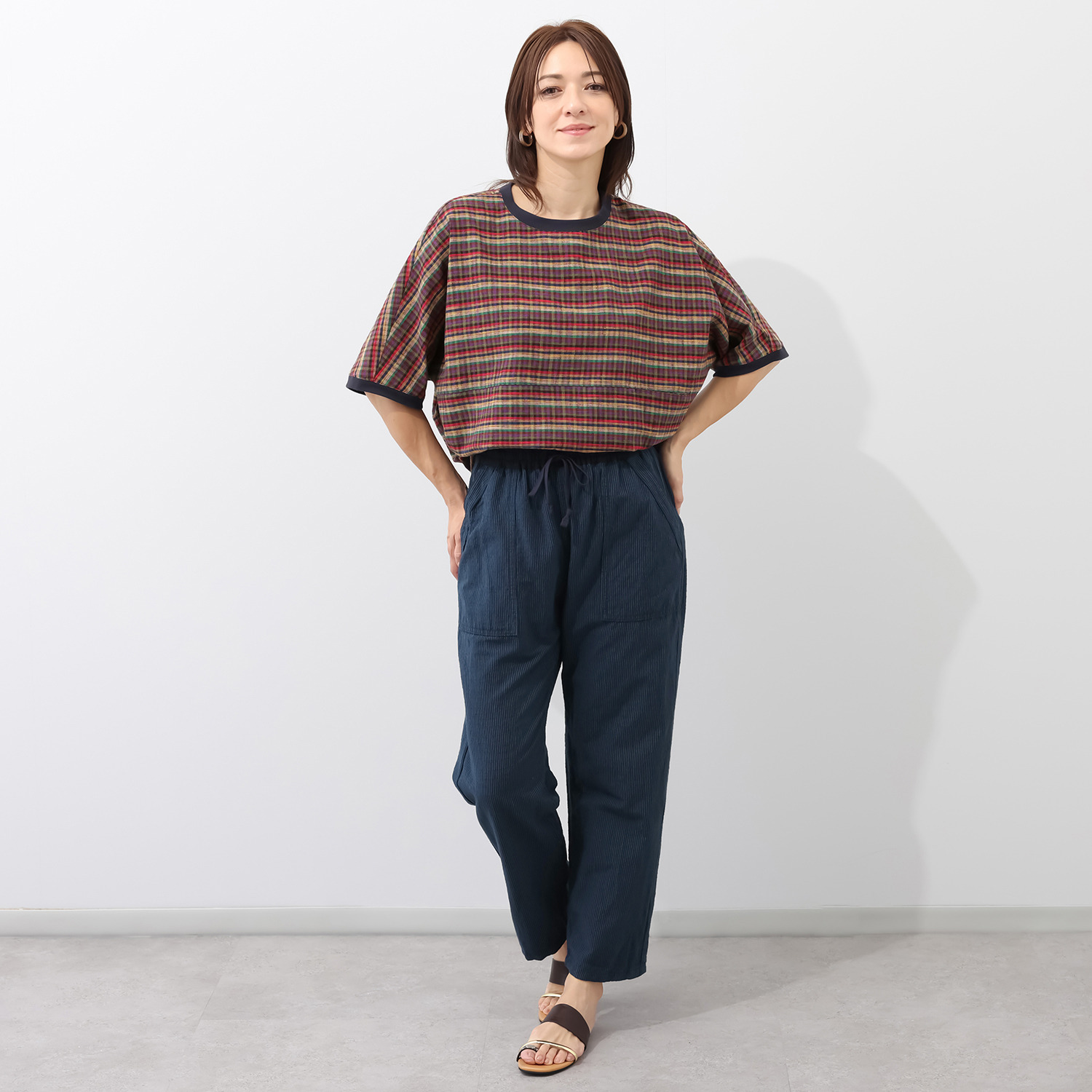 オカモト商店 儀右ヱ門 久留米かすり 風抜けシルエット ドルマンＴシャツ
