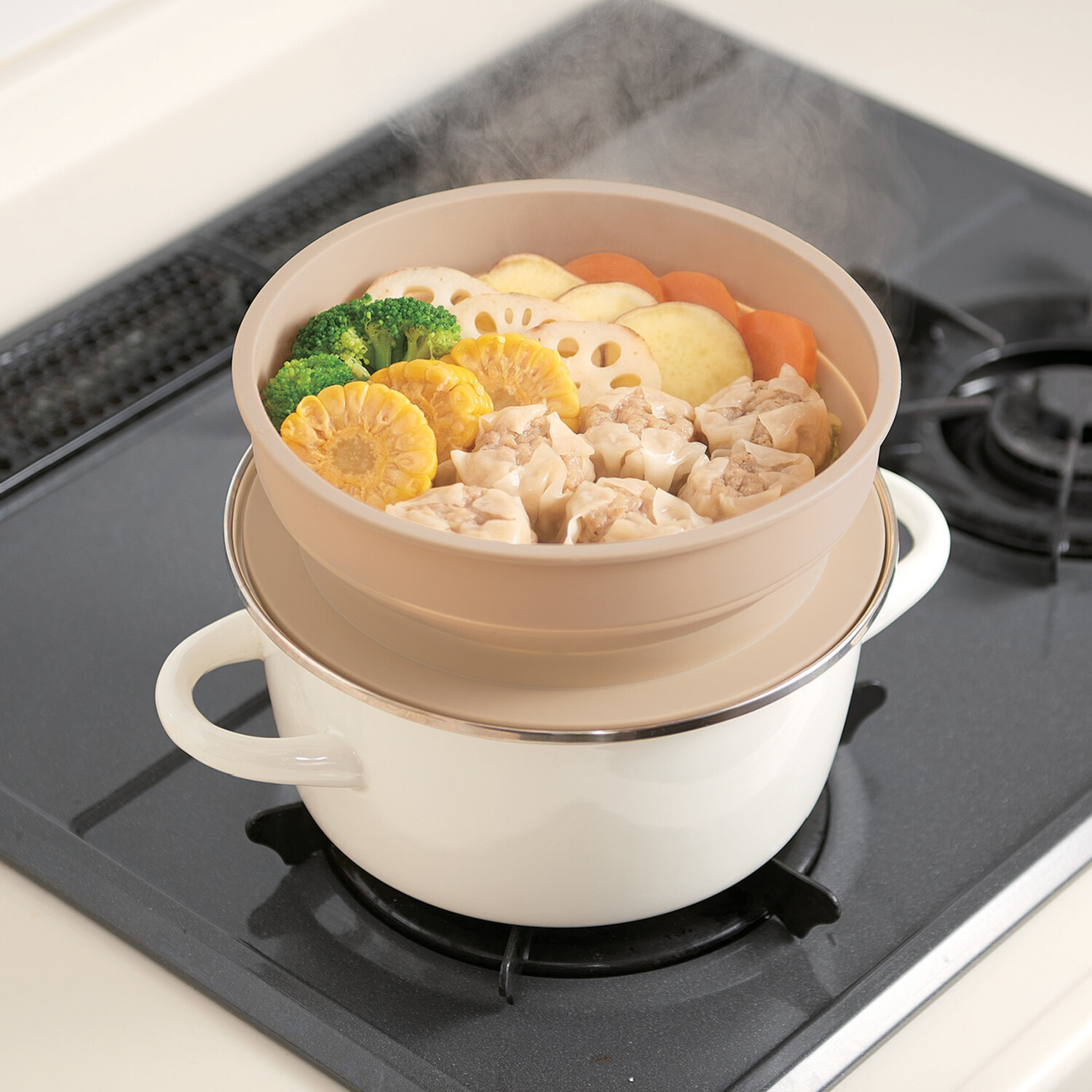 デリスタ 少ない手間で本格蒸し料理 薄くたためて省スペース！ 折りたたみ シリコンスチーマー ２個セット