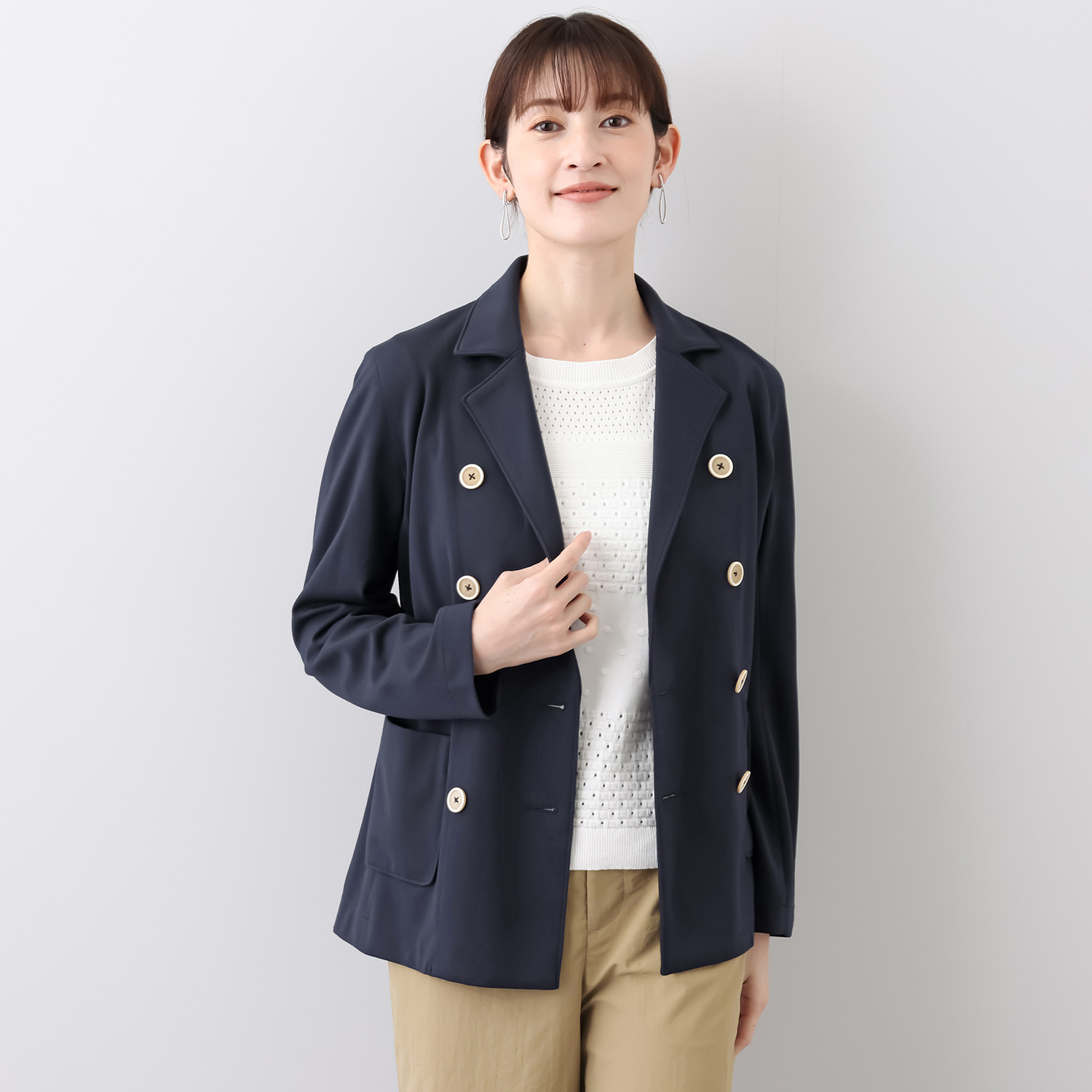 モカサン　ジュンコシマダ きれいめ快適 ストレッチジャージー パッチポケット付 ダブルブレストジャケット