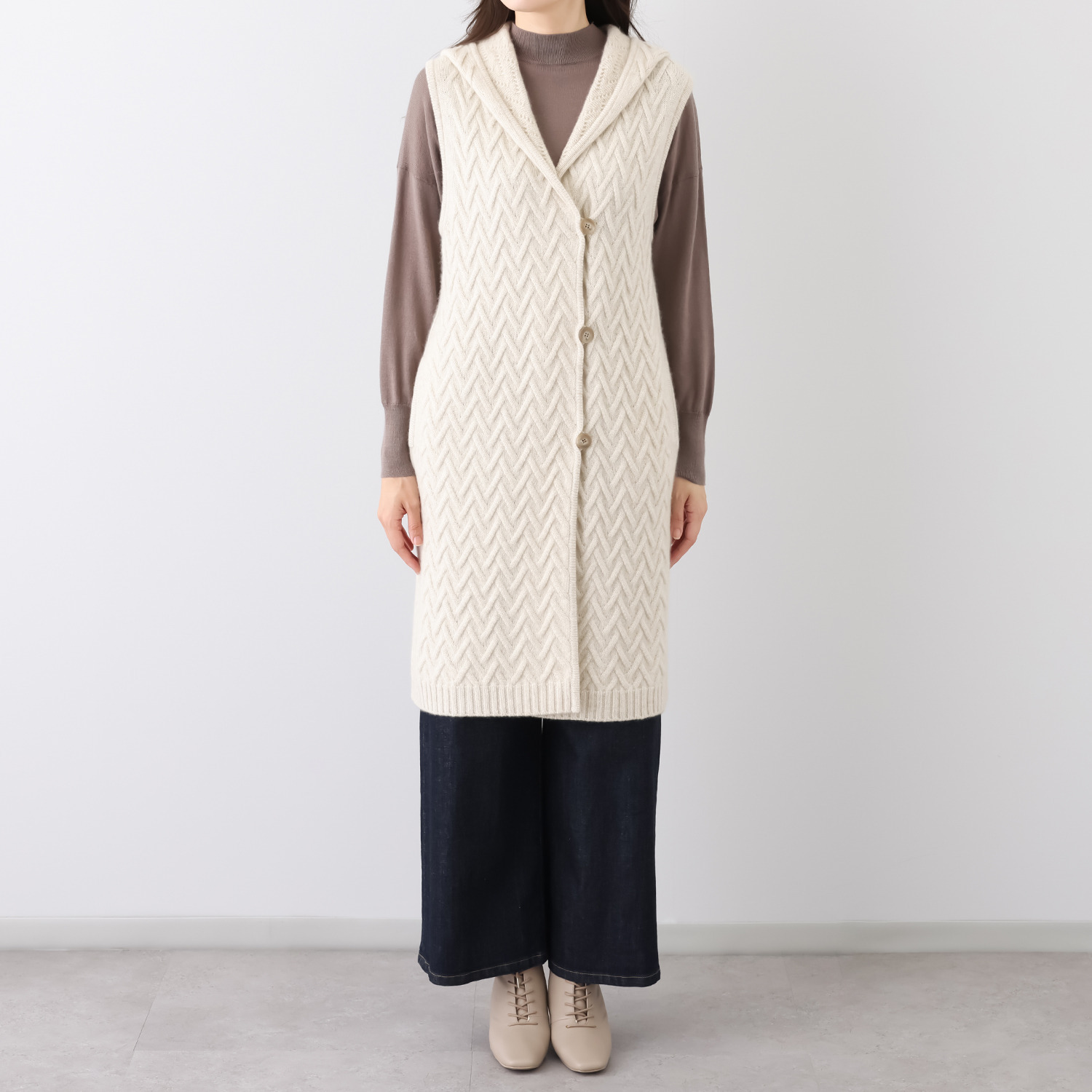 ネイチャーズ 無染色カシミヤ バスケット柄 フーディーロングジレ