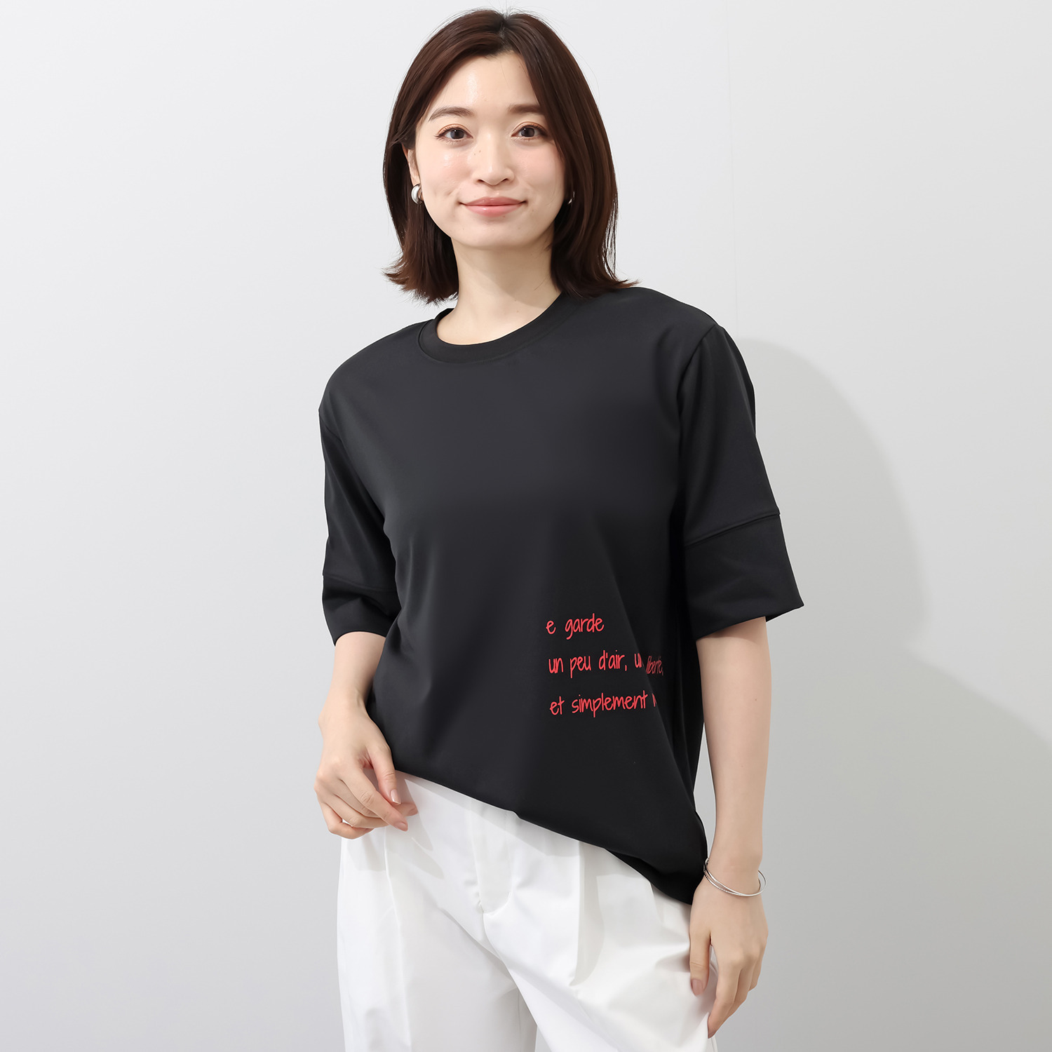 ラ　ヴァーグ　デトワール 袖口ターンバック ソフトコットン混天竺 メッセージプリント リラックスＴシャツ