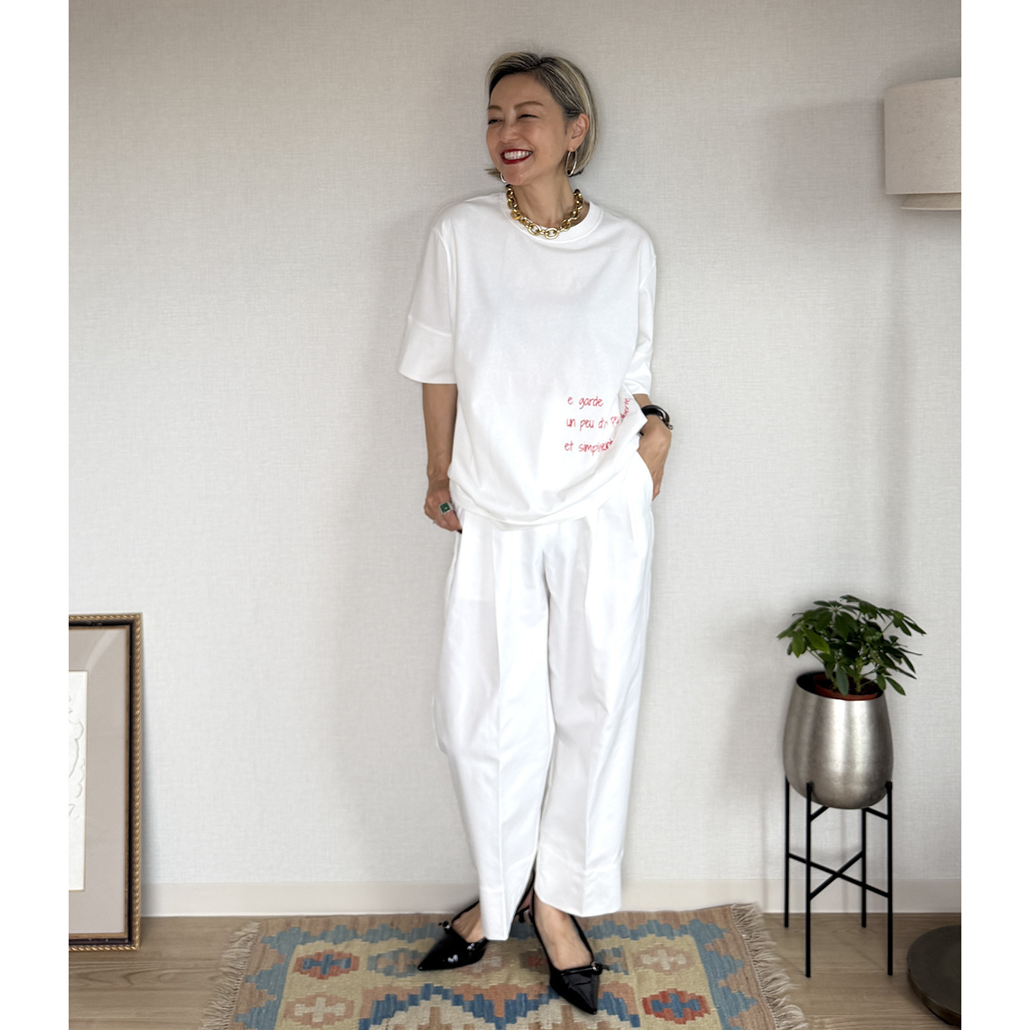 ラ　ヴァーグ　デトワール 袖口ターンバック ソフトコットン混天竺 メッセージプリント リラックスＴシャツ