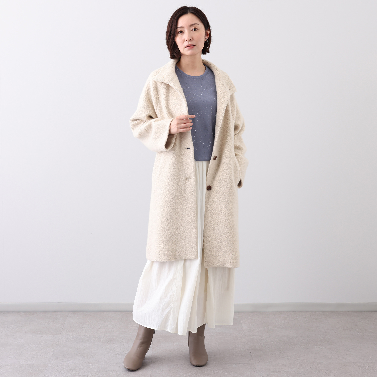 元町ゼラール 日本製 希少なカシミヤ混パイル ゆったり＆すっきり見え スタンドネックコート