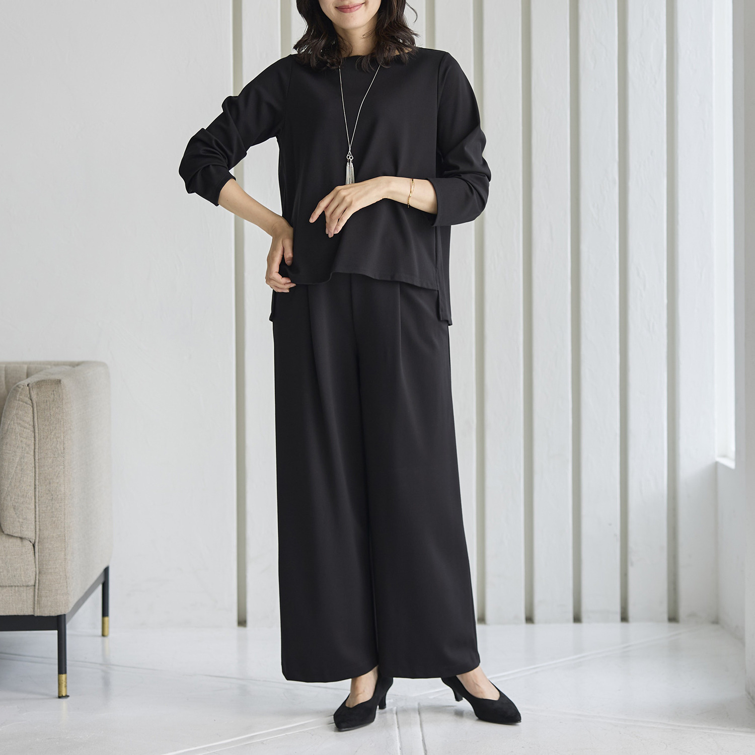 ＴＡＫＵＭＩＢＡ スムースレーヨン マジカルタック ワイドパンツ