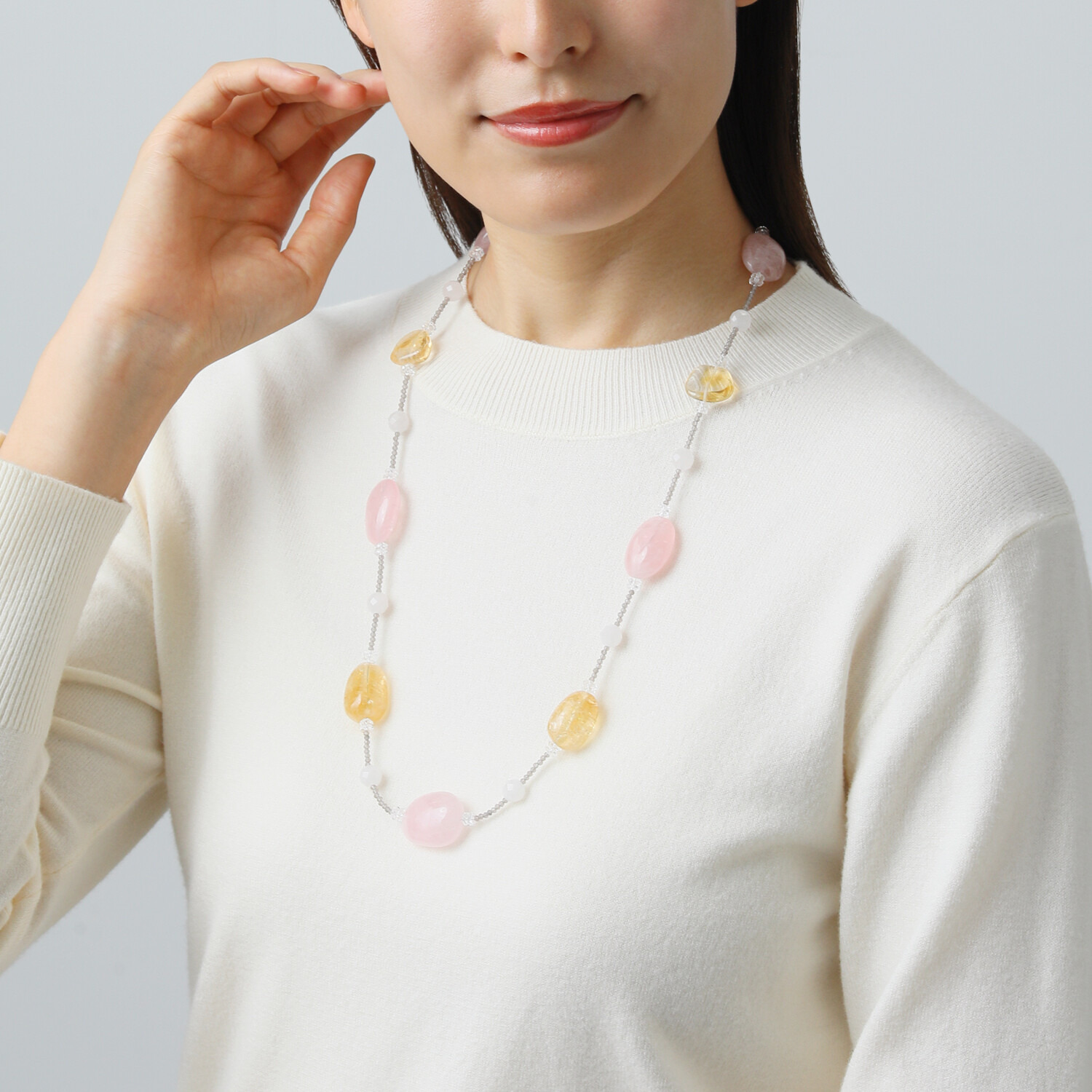 珠里 シルバー ローズクォーツ＆ シトリン＆ ロッククリスタルクォーツ ＆オブシディアン ロングネックレス