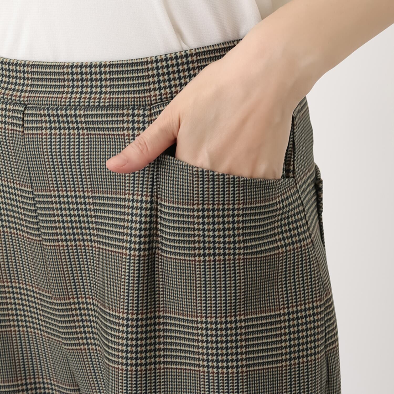 ピーツー チェックプリント 裏微起毛セミワイドパンツ