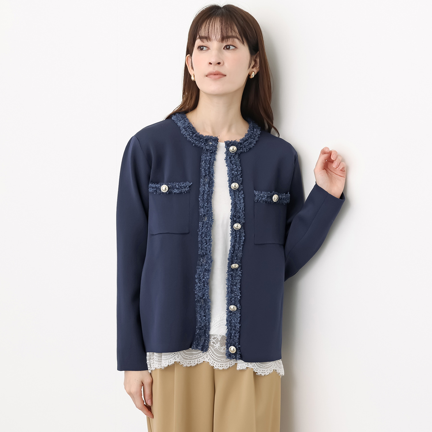 アペーナ ファンシーヤーントリム クルーネック ニットジャケット